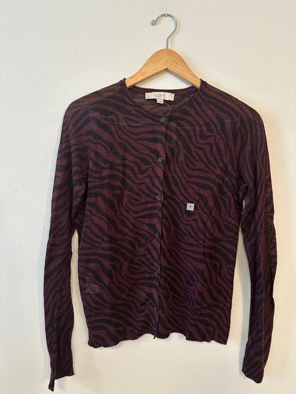 LOFT Burgundy Black Zebra Print Cardigan Women's Medium Button Front NWT